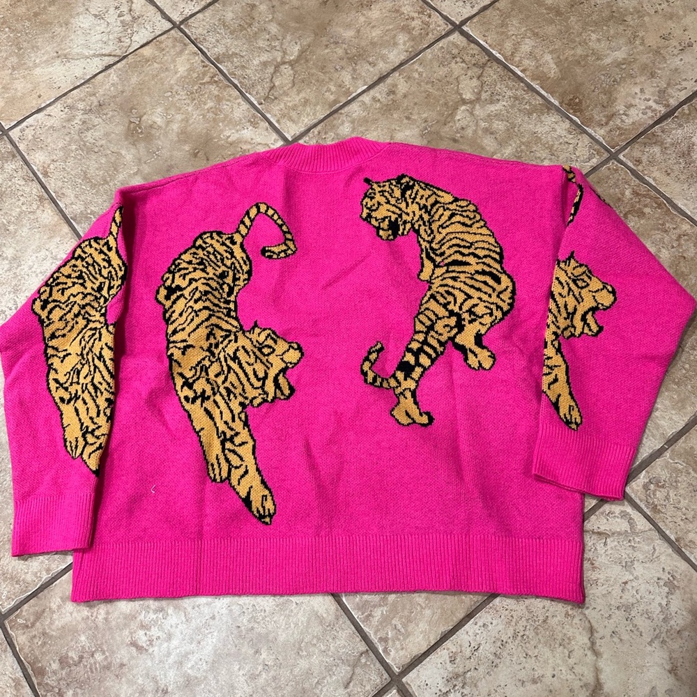 Pink Tiger-Print Button Front Women's Sweater Cardigan - Picture 3 of 3